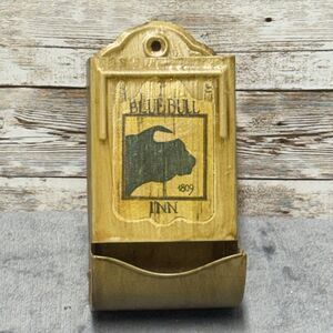 Vintage Metal Blue Bull Inn 1809 Matchbox Holder Yellowish Brown